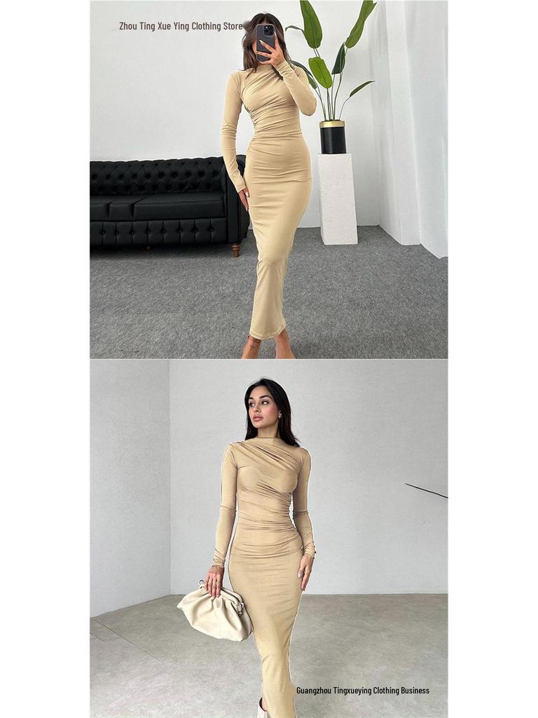 European Style Elegant Round Neck Long Sleeve Slim Fit Bodycon Dress