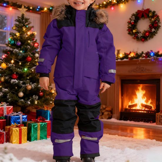 Kids One Piece Ski Suit Waterproof Windproof Snowsuit Tear-Resistant Warm Coral Fleece Lining Winter Outdoor Overalls for Boys Girls Snowboarding