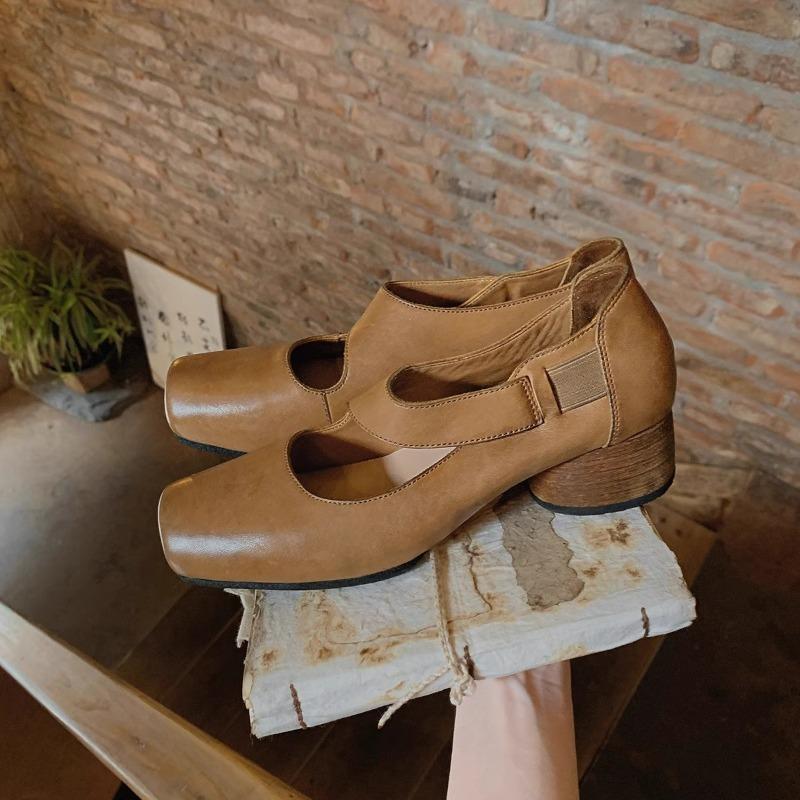 Woman's Mary Janes Shoes Spring New Comfortable Soft Elastic Band Square Toe Chunky Heel High Heels Fashion Slip on Ballet Shoes