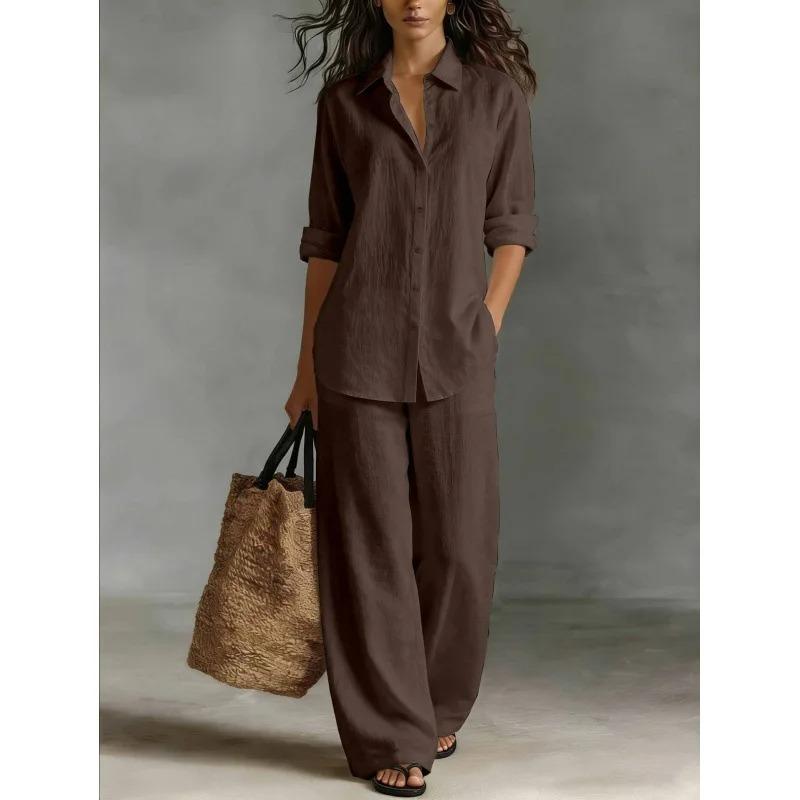Fashion Linen Shirt Long Sleeved Women's Set Spring Autumn Loose Wide Leg Trousers Female Office Set