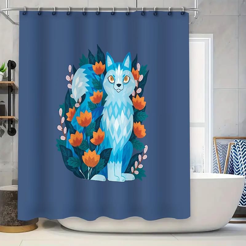 

Cute Cat Floral Shower Curtain Woodland Animal Bathroom Decor Nature Lover Gift Unique Home Decor Artistic Print Modern Style W60H190(CM)-1 Pcs