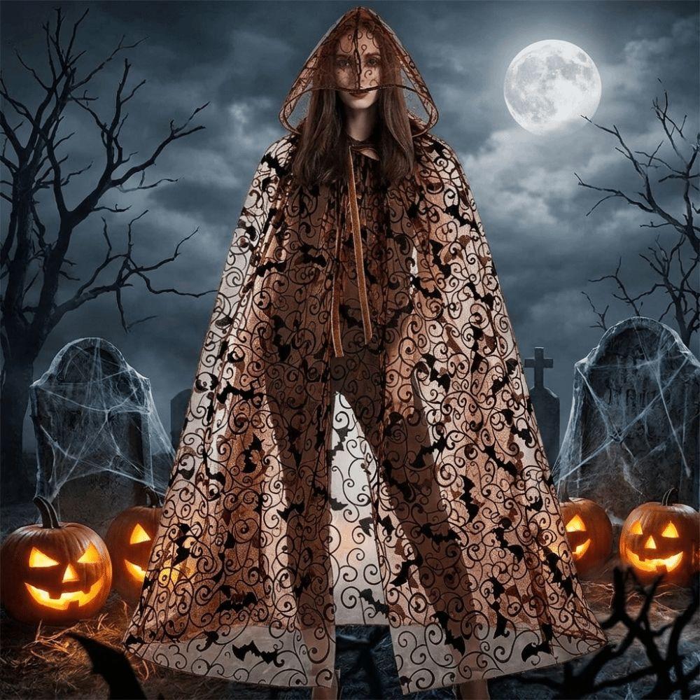 Lehký Halloweenský Plášť s Kapucí Černý Dlouhý Plášť Čarodějnice Cosplay Pavučinová Síťovina Svetr Kostým
