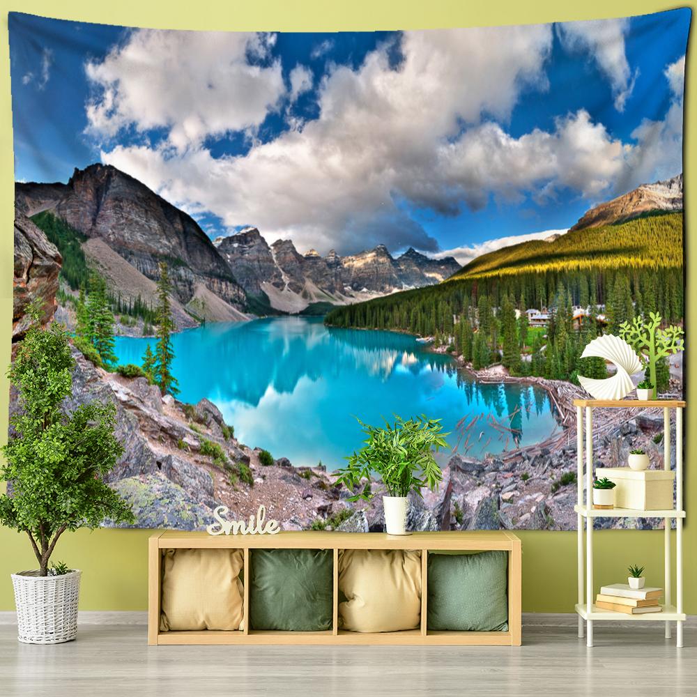 Tapiz de pared con vista a la montaña y al río, paisaje natural, bohemio, hippie, decoración de pared para dormitorio y sala de estar