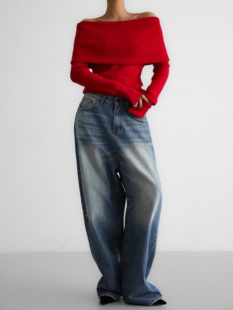 2025 Autumn Winter Women's Sweater Long Sleeve Knitted Crop Top Off Shoulder Sexy Slim Fit Basic Pullover