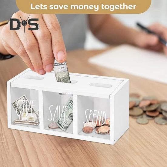 Drewniana Skarbonka Świnka 3-Przegrodowa Skrzynka Oszczędnościowa Wizualizowane Rachunki Monety Skrzynka Oszczędnościowa dla Dzieci Dorosłych Sypialnia Biuro