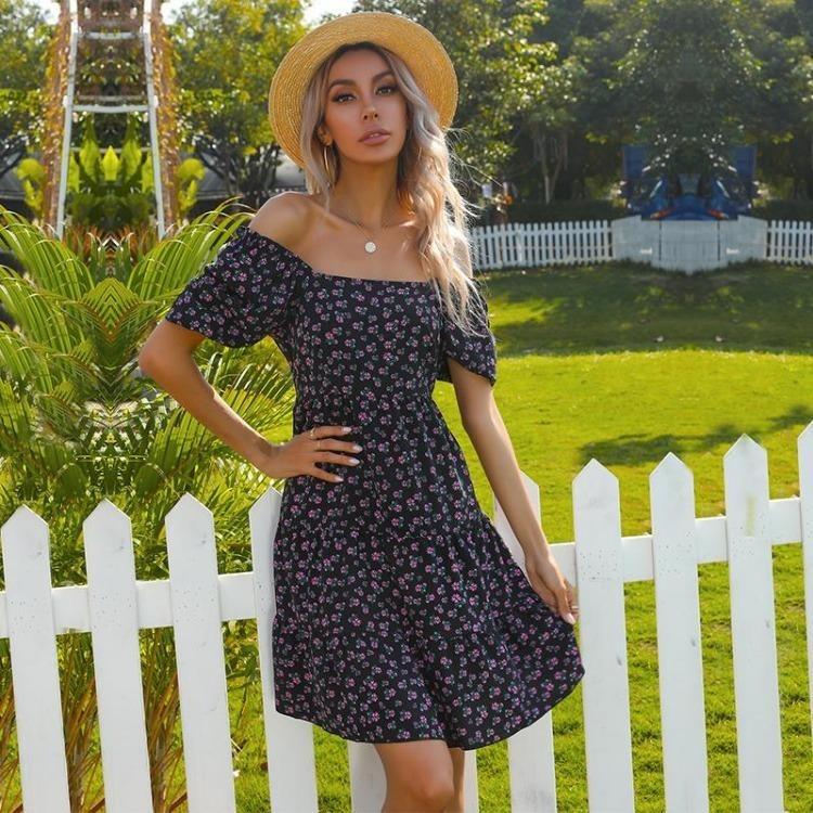 

Summer Floral Print Women Short Dress Casual Square Collar High Waist Slim A-Line Short Sleeve Shirring S-XL Fall XL чёрный