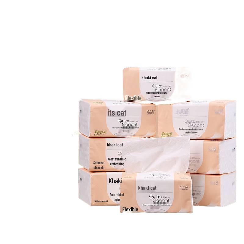 Khaki Cat Thickened Facial Tissues: Original Wood Pulp, Large Pack, Household & Toilet Use, Wet-Friendly Value Napkins
