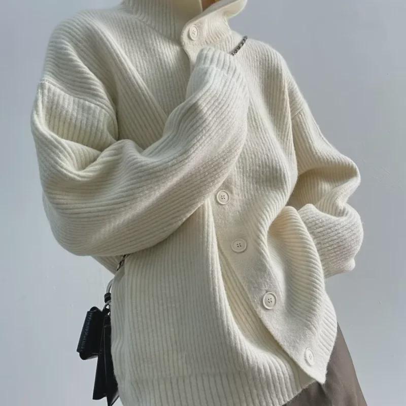 Men's Thickened Turtleneck Sweater with Button Decoration - Loose Fit Cardigan