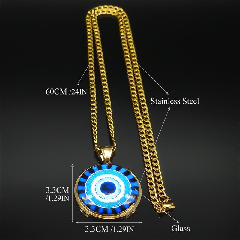 Blue Evil Eye Stainless Steel Round Glass Medal Necklaces Chain Men Women Gold Color Turkish Eye Necklace Amulet Jewelry Gift