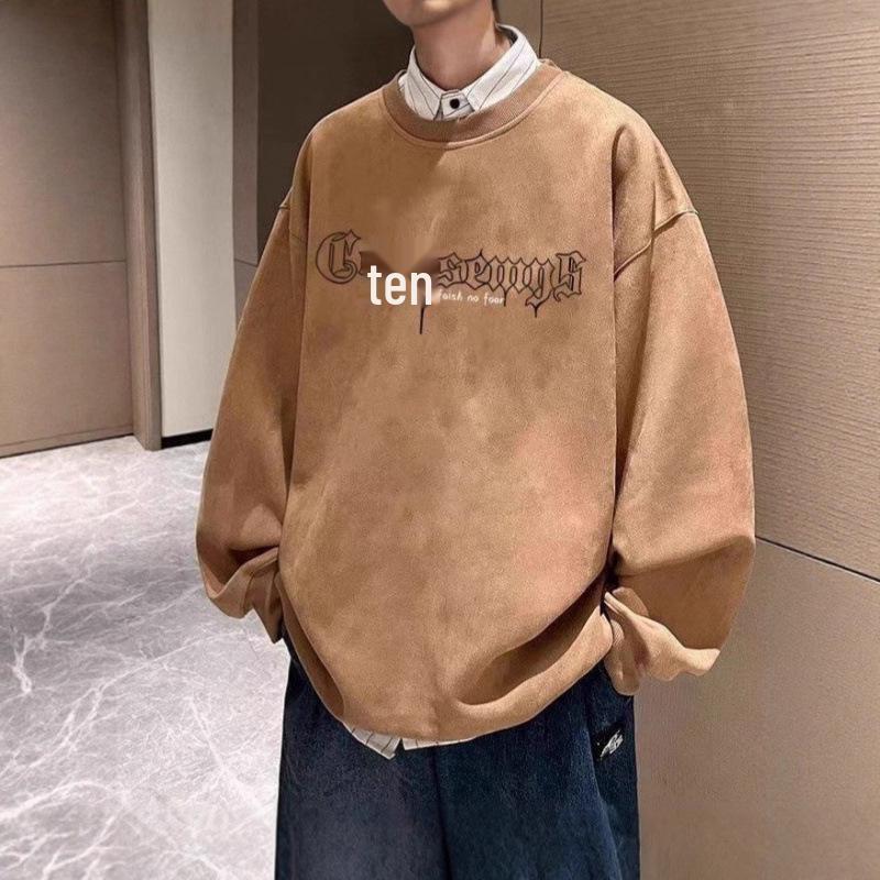 Men's Heavyweight Suede Round Neck Pullover Hoodie - 2025 Autumn/Winter Street Casual Style