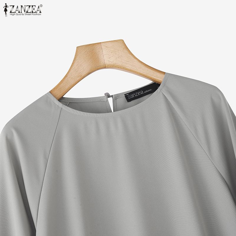 ZANZEA Women Casual Round Neck Bows Splice 3/4 Sleeve Loose Blouse