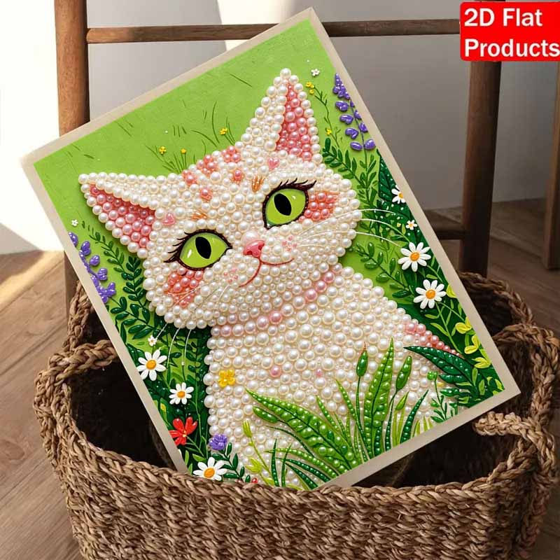 DIY Frameless Pearl Art Painting Kit Cute Cat with Flowers 3D Bead Canvas Handmade Craft for Adults Wall Decoration Gift