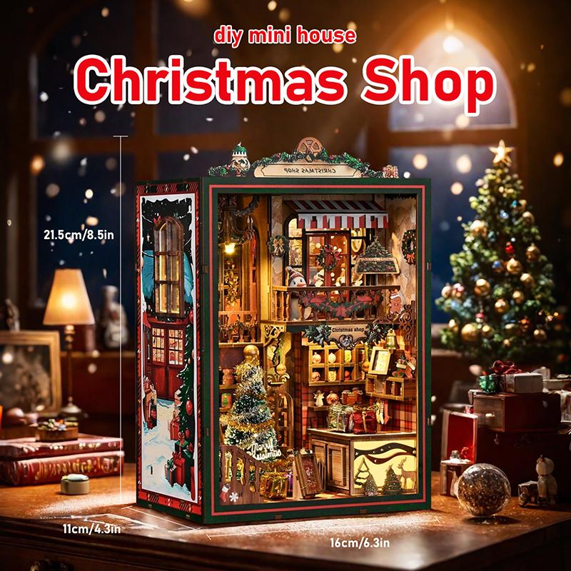 NEW DIY Book Nook Wooden Miniature Model Kits Christmas Shop Bookend 3D Puzzle With Light Bookshelf for Friends Birthday Gifts