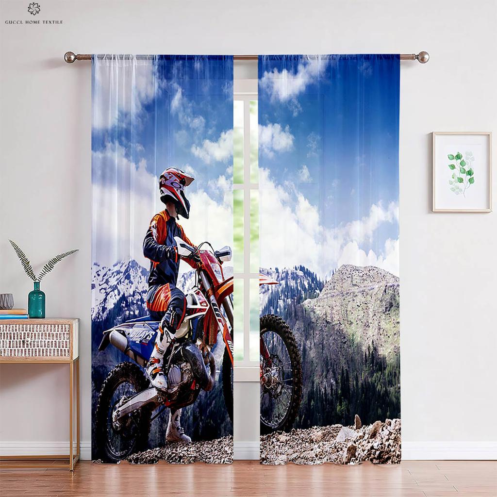 Cool Motorcycle Racing 3D Printed Curtains Bedroom Living Room Kitchen Decorative Curtain Rod Pocket 2 Pieces