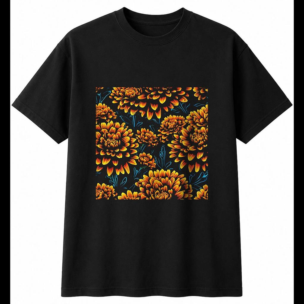 Neon Marigold Sunbeams Nature Mens T-Shirt Black 100% Cotton Garden Printed