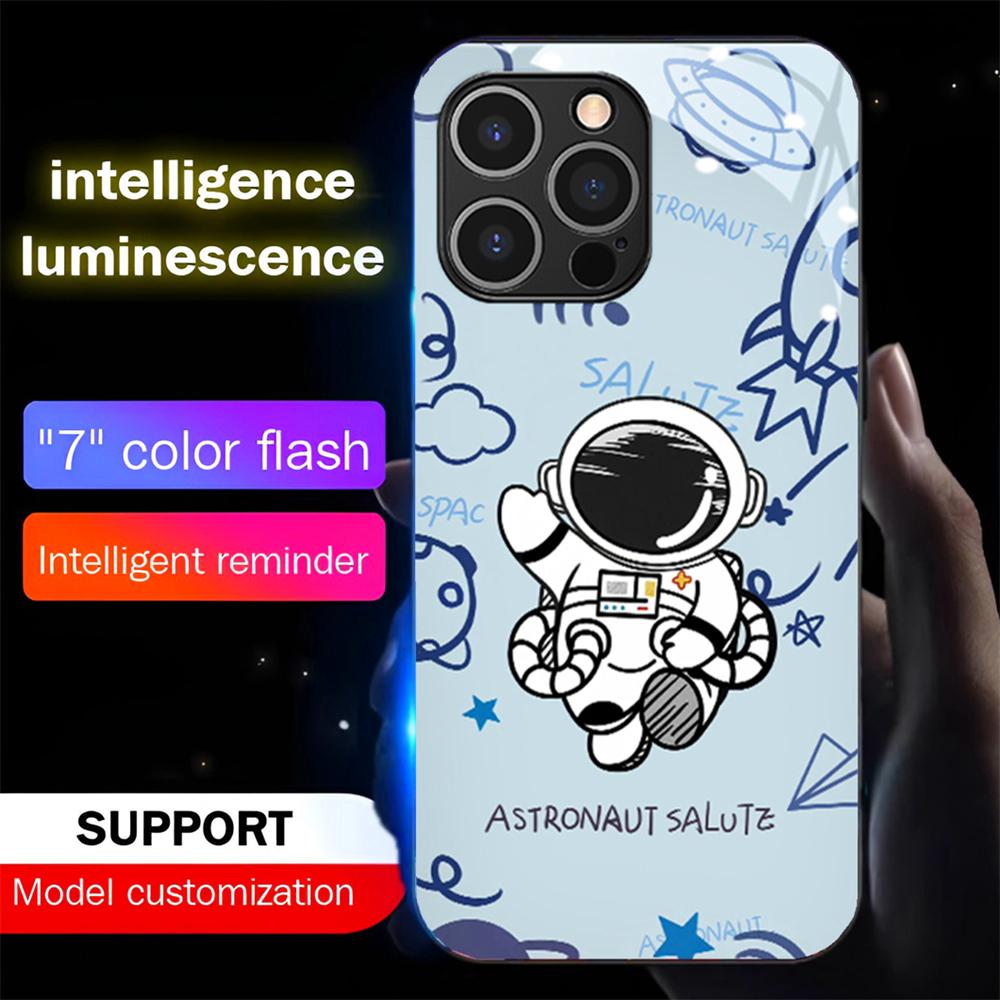 Spaceman Sound Sensor LED Flash Luminous Glass Case for iPhone Samsung