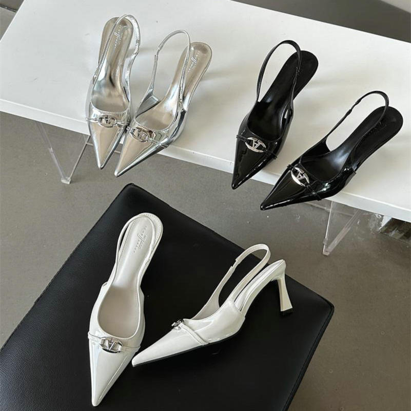 Fashion 2025 Spring New Low Heel Shoes Temperament Small Heel Shoes Pointed High Heels Sandals Female Silver Empty Shoes