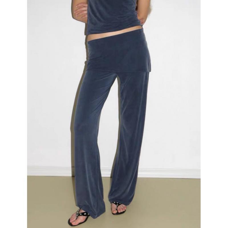 

Women s Casual Long Pants Spring Fall Foldover Waist Loose Wide Leg Pants Solid Color Baggy Straight Trousers L темно-синього кольору