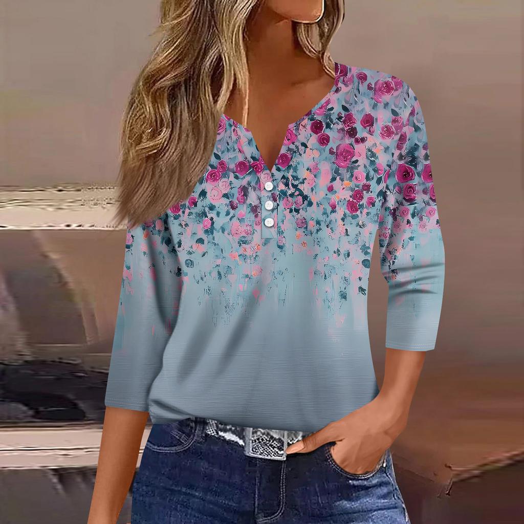 Lässiges Damen-Oberteil mit Dreiviertelärmeln und V-Ausschnitt und Blumendruck