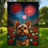 2D Door Banner Double Sided Yorkie Dog Garden Flag for Spring Summer, Outdoor Banner with Fireworks & Daisies, Cute Pet Decor for Yard, Ideal Gift, Ha