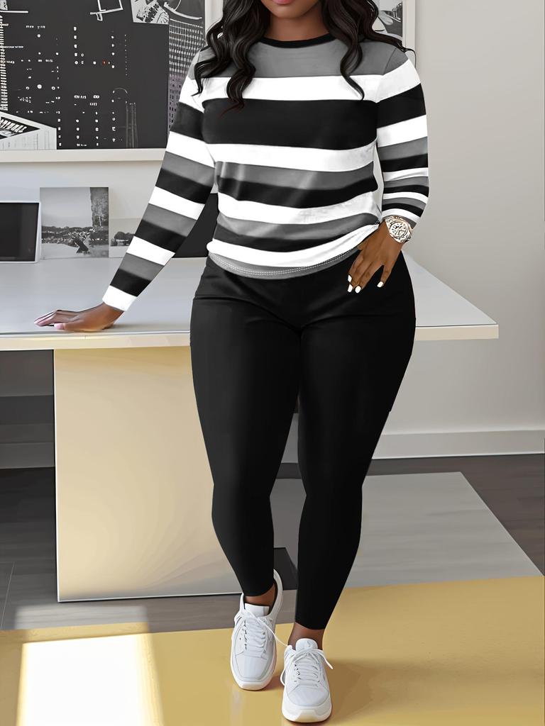 Women's Two-Piece Letter Print Striped Set: Casual Long-Sleeve T-Shirt & Sweatpants/Leggings