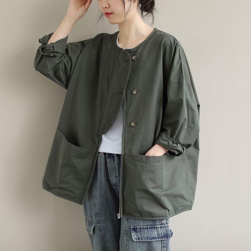 Women's Long-Sleeve Short Jacket with Patchwork Pockets Loose Slimming Solid-Color Outerwear Top for Autumn