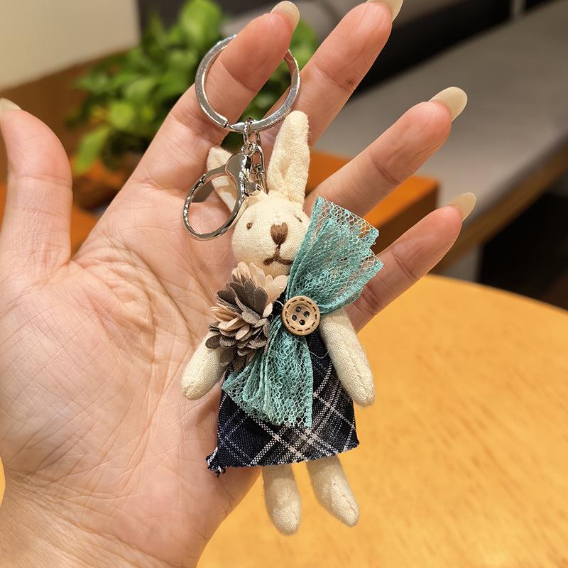Cute Fabric Bunny Bag Charm, Handmade Plush Rabbit Keychain with Flower Dress & Braided Rope