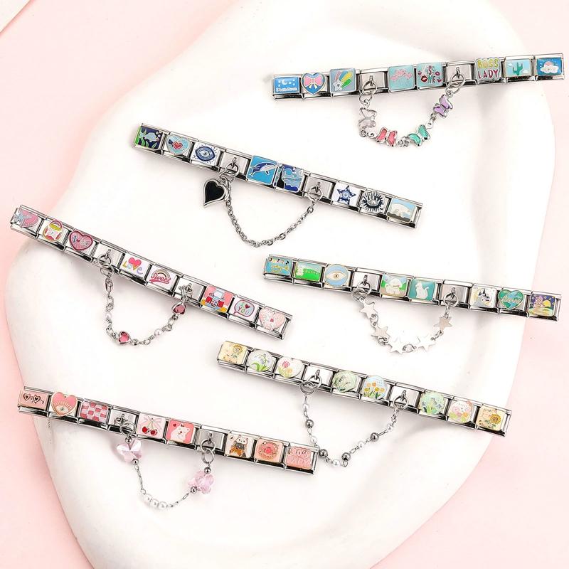 Set Tassel Chain Butterfly Eyes Heart Star Italian Charm Links Fit 9mm Bracelet Stainless Steel Women DIY Jewelry Making Gifts