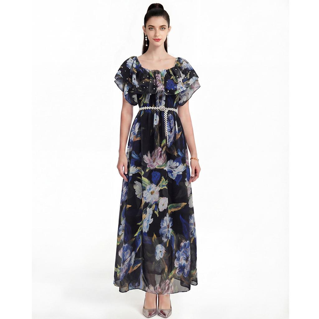 Summer Sexy Off Shoulder Slash Neck Ruffle Beach Party Dress Elegant Women Fashion Floral Pleated Holiday Long Dresses