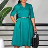Office Ladies Dress V Neck Half Sleeve Belt Waisted Pleated Dress 2026 New Plus Size Casual Dress