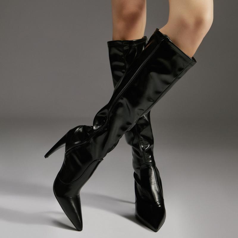 Moda FHC 10cm Zakrzywiony Obcas Damskie Kozaki do Kolan, Lakierowana Skóra Długie Botki Męskie Cross-dressing Buty Cosplay, Czarne, Kolory na Zamówienie