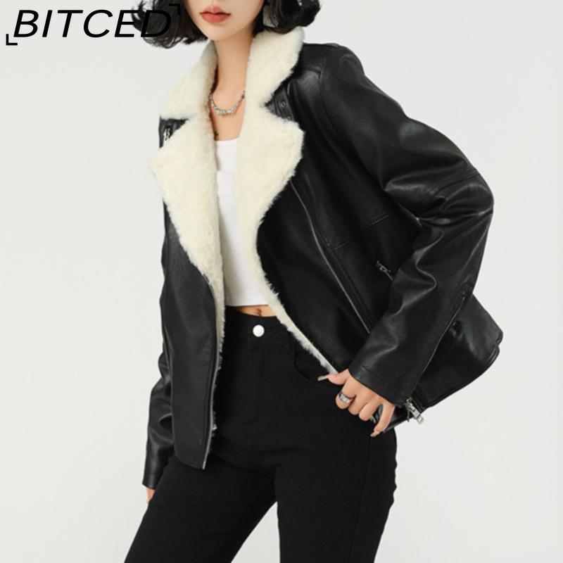 BITCED Fashion Leather Jacket with Fleece Lining, Thickened Winter Coat, Women's Leather Jacket, Short Leather Jacket