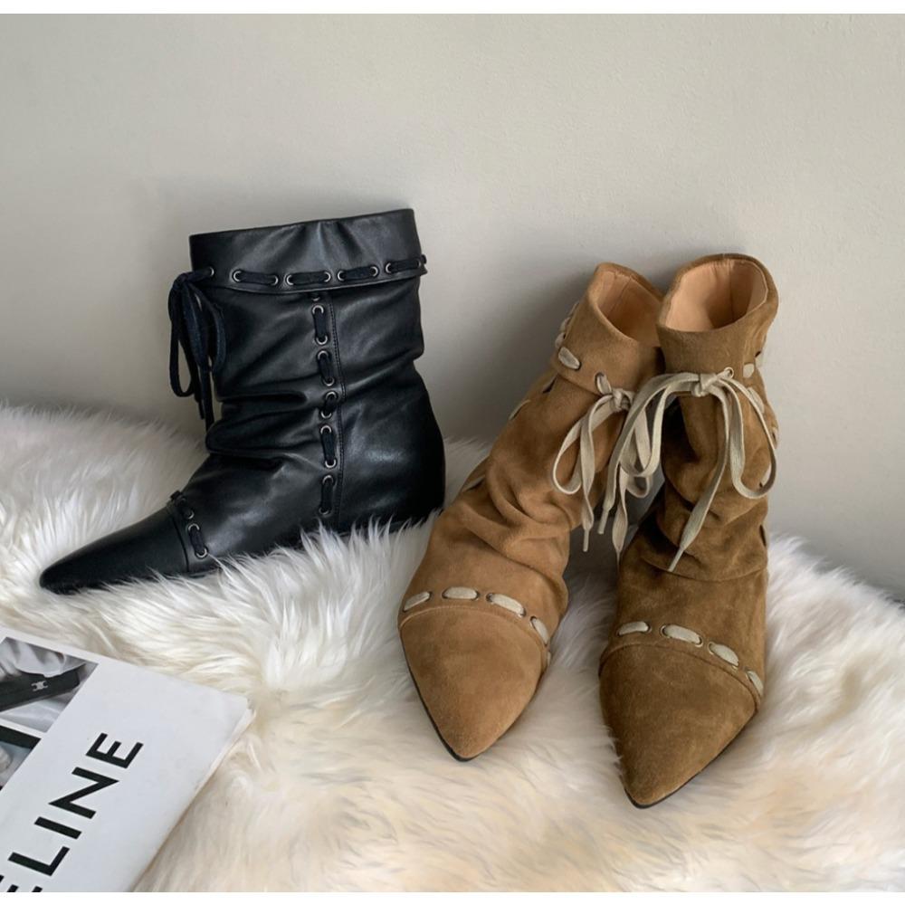 Fashion Fashion Drawstring Design Pleated Ankle Boots Pointed Toe Suede Leather Slip On Height Increasing Women's Western Cowboy Boots