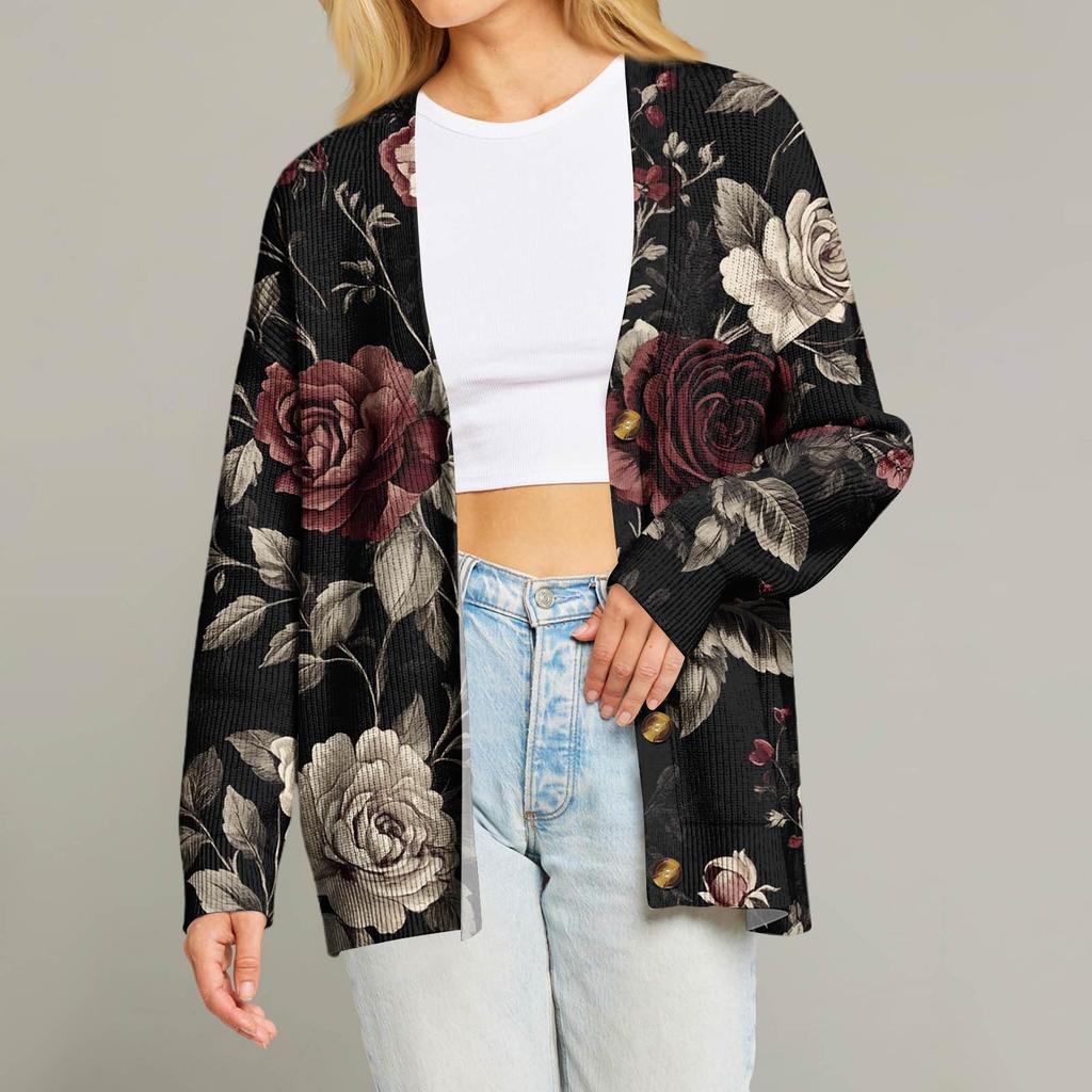 Women's Fashion Long Sleeve Print V-Neck Button Loose Cardigan Top