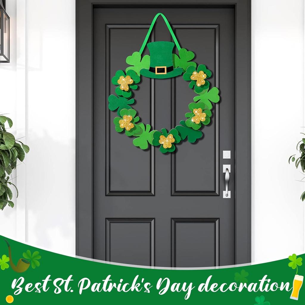 Yookeer St. Patrick's Day Shamrock Door Wreath Shamrocks Wooden Hanging Sign Lucky Irish Ornament Wood Wreath for Happy St. Patrick's Day Party Front