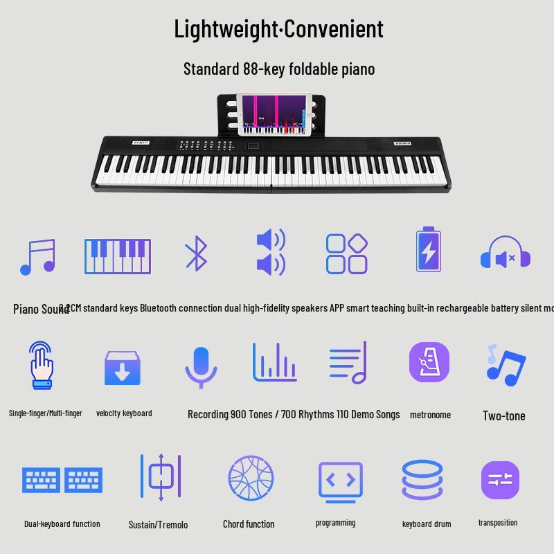 Rechargeable 88-Key Foldable Digital Piano: Bluetooth & MIDI, Perfect for Beginners & Kids