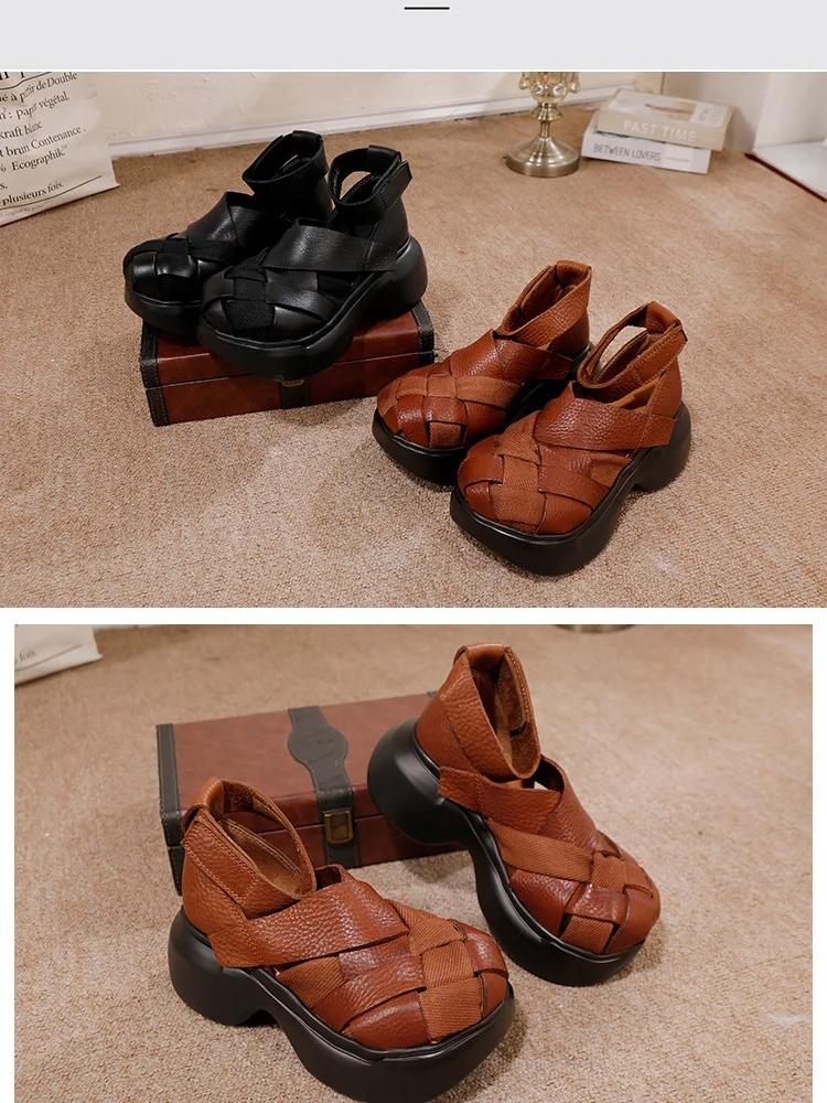 Johnature Echtes Leder Gewebte Schuhe mit dicker Sohle Retro Handgefertigte Damen Plateau-Sandalen