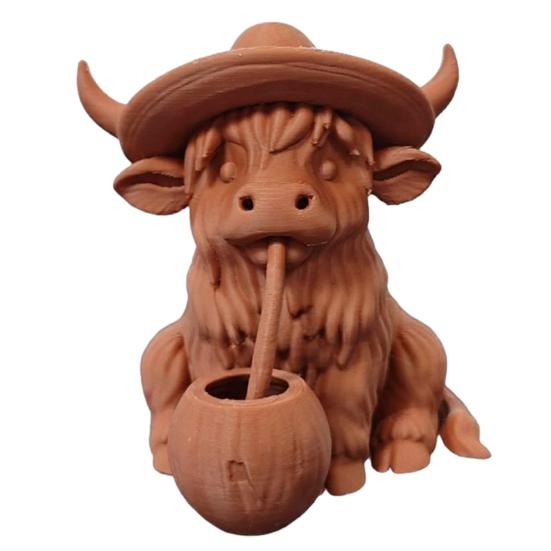 Rustic Highland Cow Ornament, Terracotta Color 3D Printed Cow Statue, Cute Highland Cow Figurine for Home Desk Shelf Farmhouse Decor