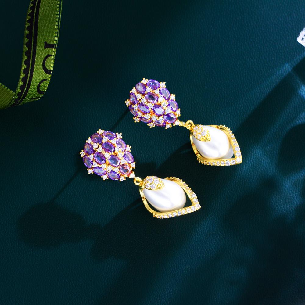 French Light Luxury Court Style Violet Full Diamond Shell Pearl Earrings Brass Gold-Plated Zircon Earrings Earrings