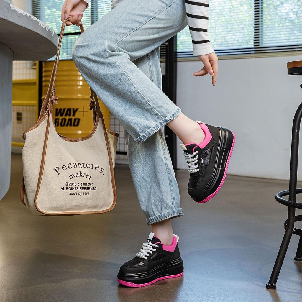 Leather color matching women's shoes spring new women's single shoes versatile platform lace-up casual student women's board shoes