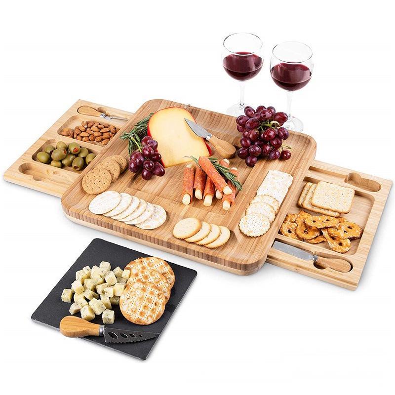 Bamboo Cheese Board with Knife Set and Drawer Tray