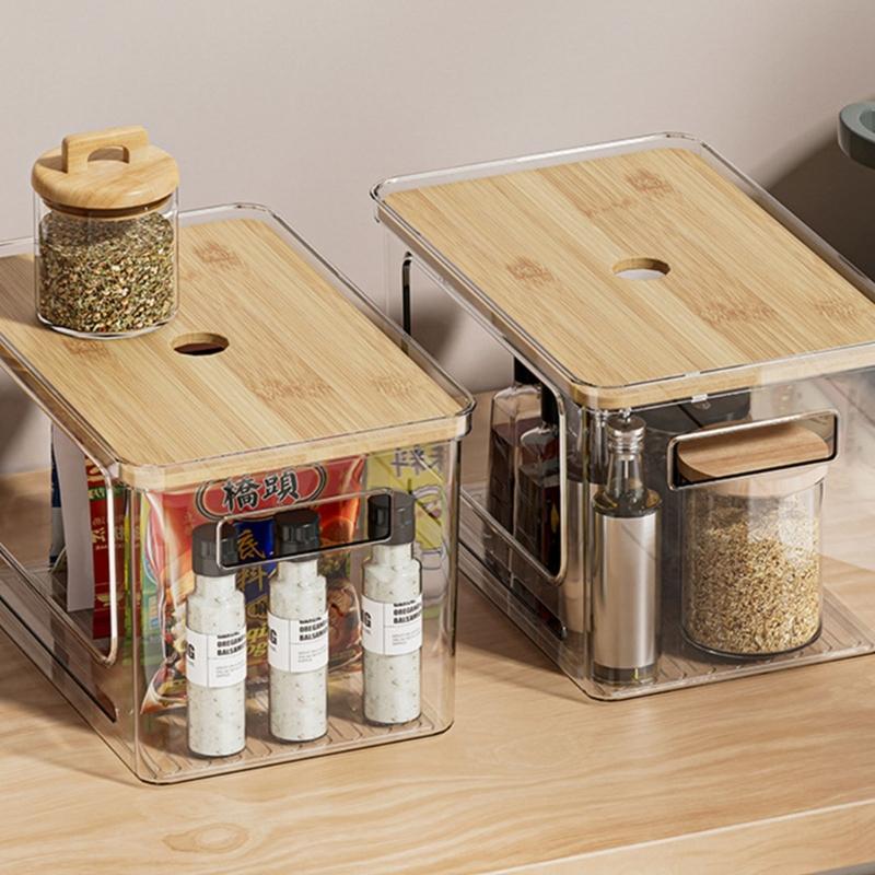 Clear Plastic Waste Bag Dispenser Organizers Featuring User Friendly Bamboos Cover And Spacious Design