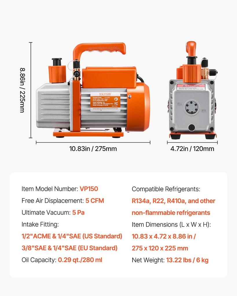Vacuum Pump 5 CFM HVAC Single Stage Rotary Vane Vacuum Pump Oil Included