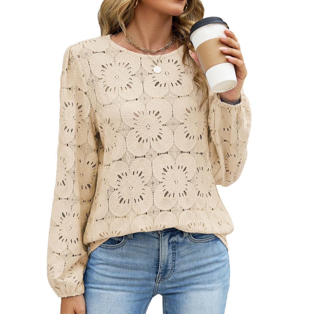 New Autumn-winter Pure Color Round-neck Lace Long-sleeved Loose Sheer Top for Women