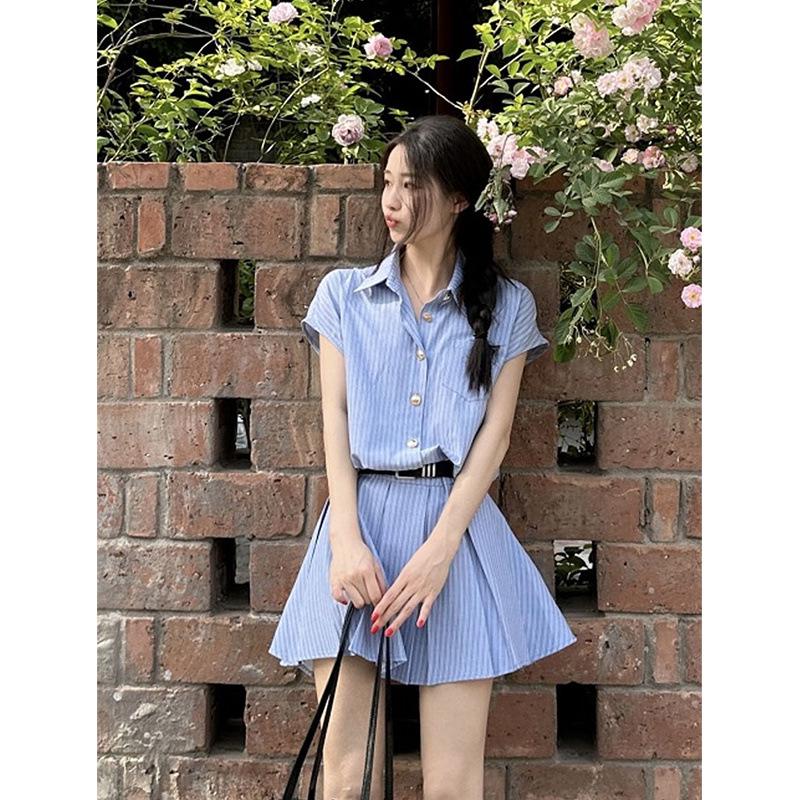 Women s Summer Blue Striped Polo Collar Pleated Shirt Dress with Waist-Cinching Design L
