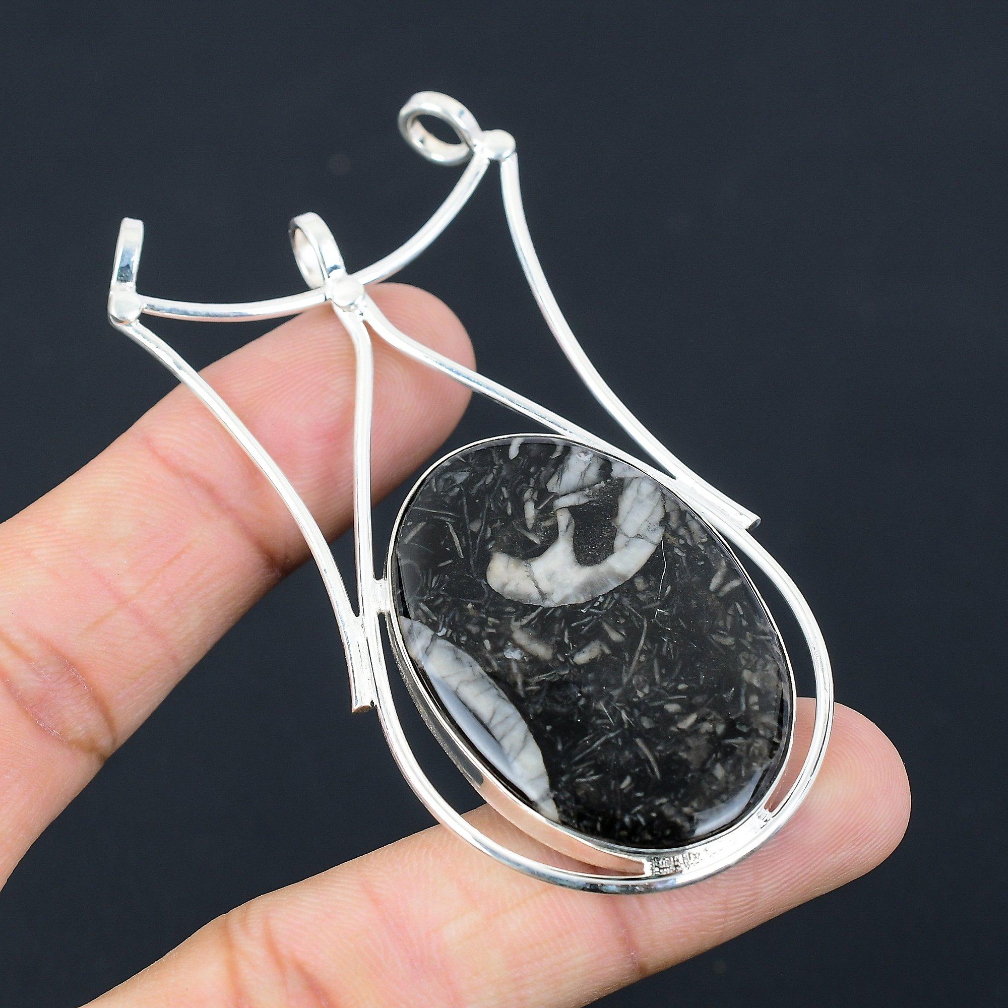 Friendship Day Deal 925 Silver Root Chakra Black Fossil Coral Stone Boho Pendant
