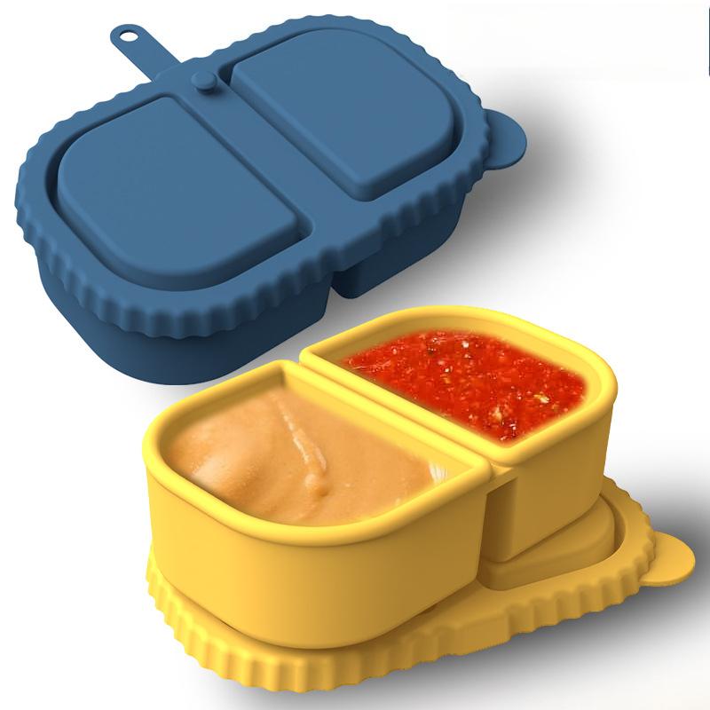 Small Silicone Snack Containers with Lids, Reusable Food Storage Containers, Salad Dressing Container, Mini Double Compartment