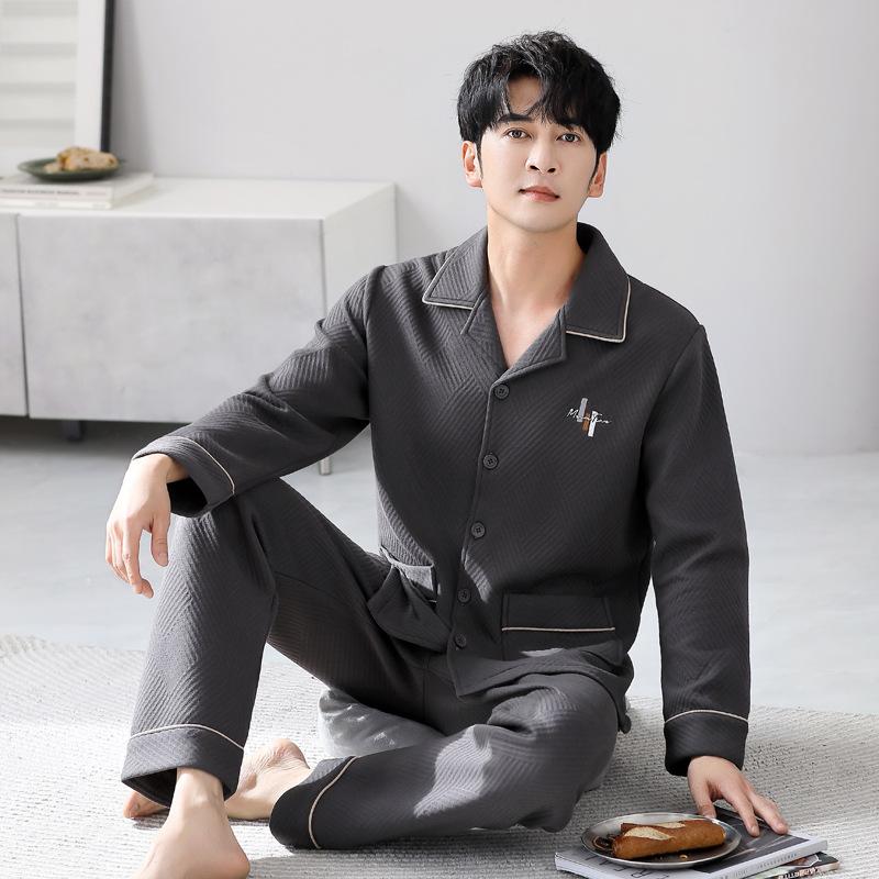 Pajamas Men'S Spring And Autumn Thickened Cotton Long Sleeves Autumn And Winter Thin Cotton Padded Men'S Air Cotton Homewear