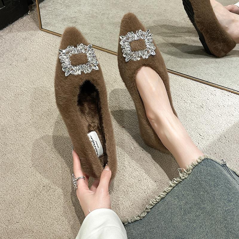 Low-heeled Diamond Furry Shoes for Women, New Winter Fashion Pointed Toe Shoes Warm Shallow-mouthed Women's Shoes