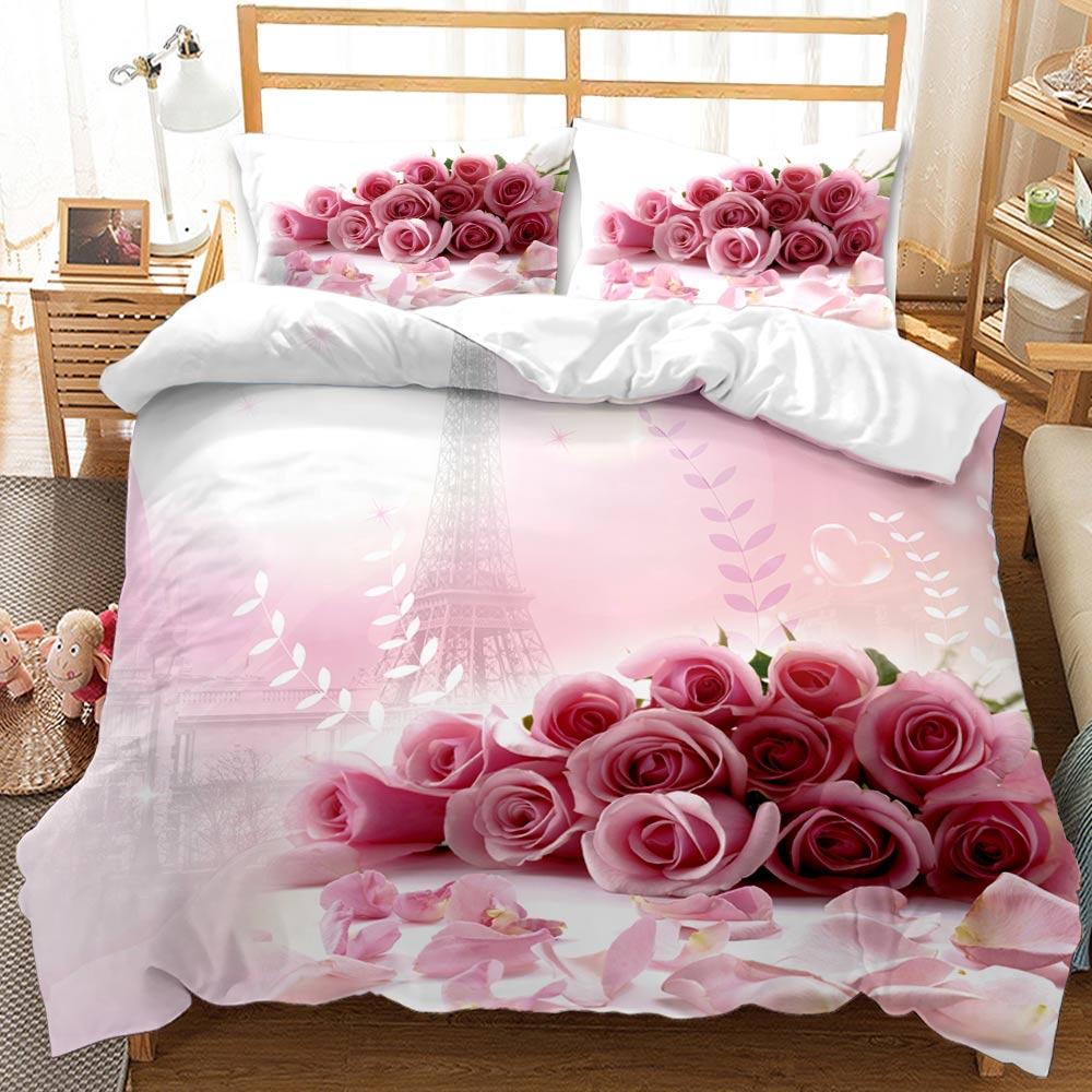 Rose Duvet Cover Set Pink Heart Rose Romantic Flower Theme Bedding Set For Lovers Double Queen King Size Quilt Cover